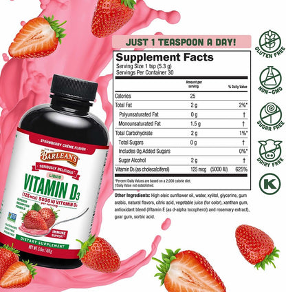 Barlean's Vitamin D3 Liquid Supplement - 5000 IU Strawberry Milkshake (Pack of 2, 166 ml Each)