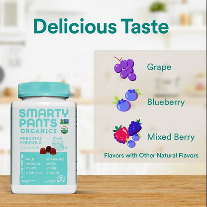 SmartyPants Organic Prenatal Vitamins for Women, Multivitamin Gummies with Methylfolate, Omega-3, Vitamin D3, K2, Choline, 180 Count