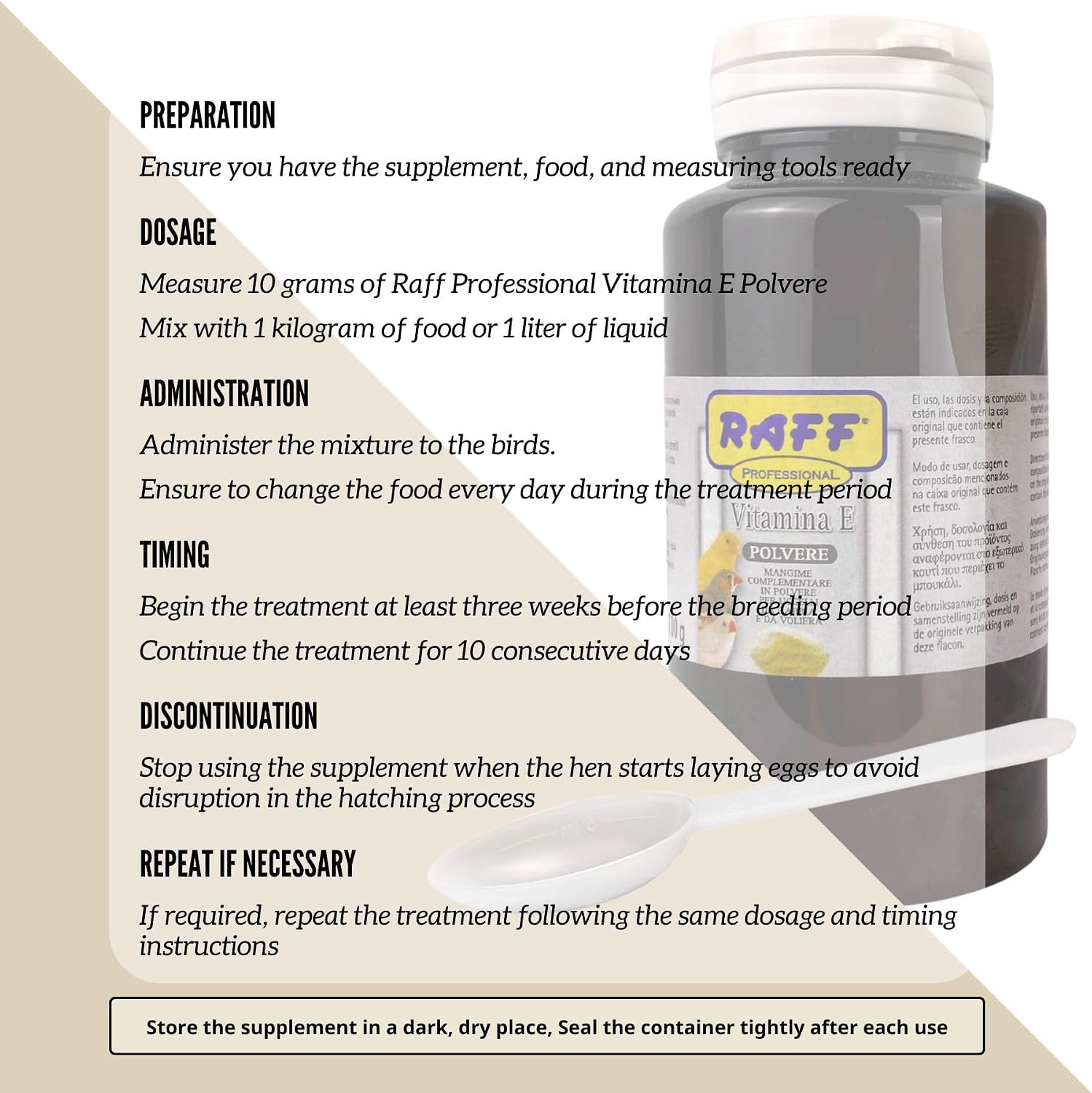 Raff Vitamin E Powder for Birds 100g – Powdered Vitamin E Supplement for Singing, Fertility and Breeding - görsel 3