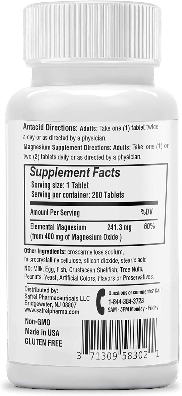 Safrel Magnesium 400mg Tablets, High Potency Magnesium Oxide Supplement for Muscle Cramps, Relaxation, Nerve and Immune Support (200 Count) - görsel 2