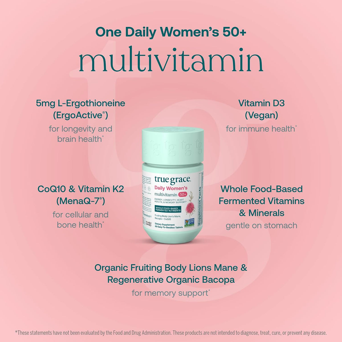 True Grace Daily Women’s Multivitamin 50+ - 60 Easy-to-Swallow Tablets - Immune, Energy, Longevity & Memory Support - Vegan, Gluten-free, Soya-Free and Iron-Free - görsel 3