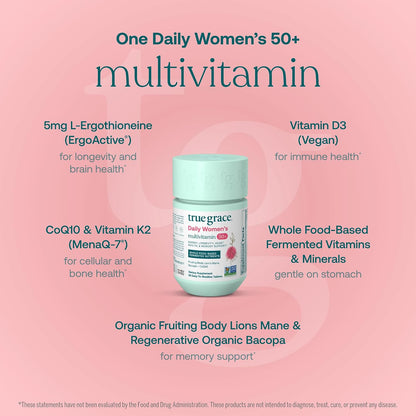 True Grace Daily Women’s Multivitamin 50+ - 60 Easy-to-Swallow Tablets - Immune, Energy, Longevity & Memory Support - Vegan, Gluten-free, Soya-Free and Iron-Free