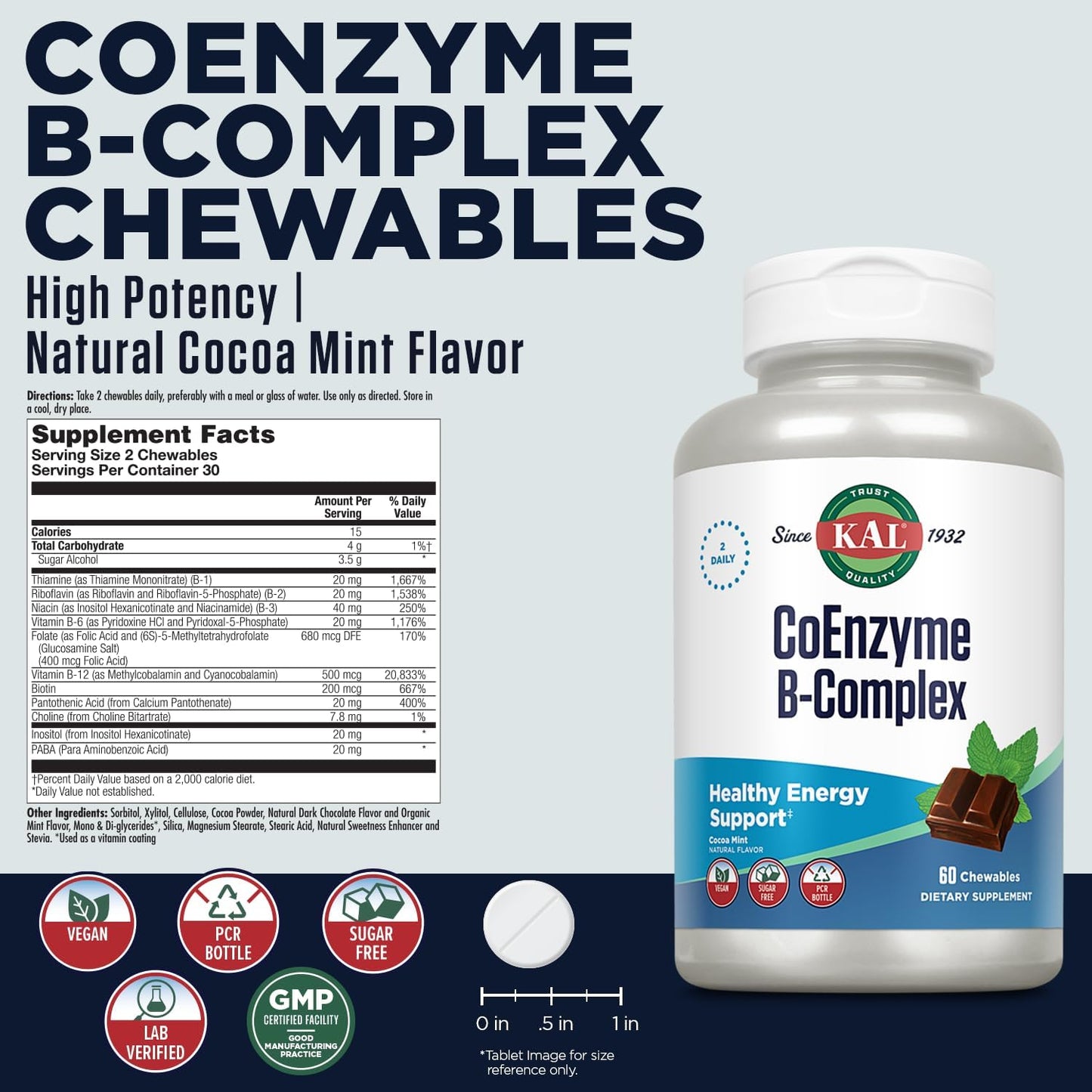 KAL CoEnzyme Vitamin B Complex Chewable - Natural Cocoa Mint Flavour - 60 Tablets - görsel 2