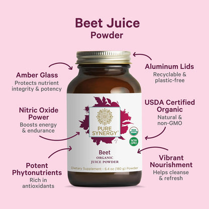 PURE SYNERGY Organic Beetroot Juice Powder - Pre-Workout Supplement for Healthy Circulation, Exercise, and Detoxification (181 g)