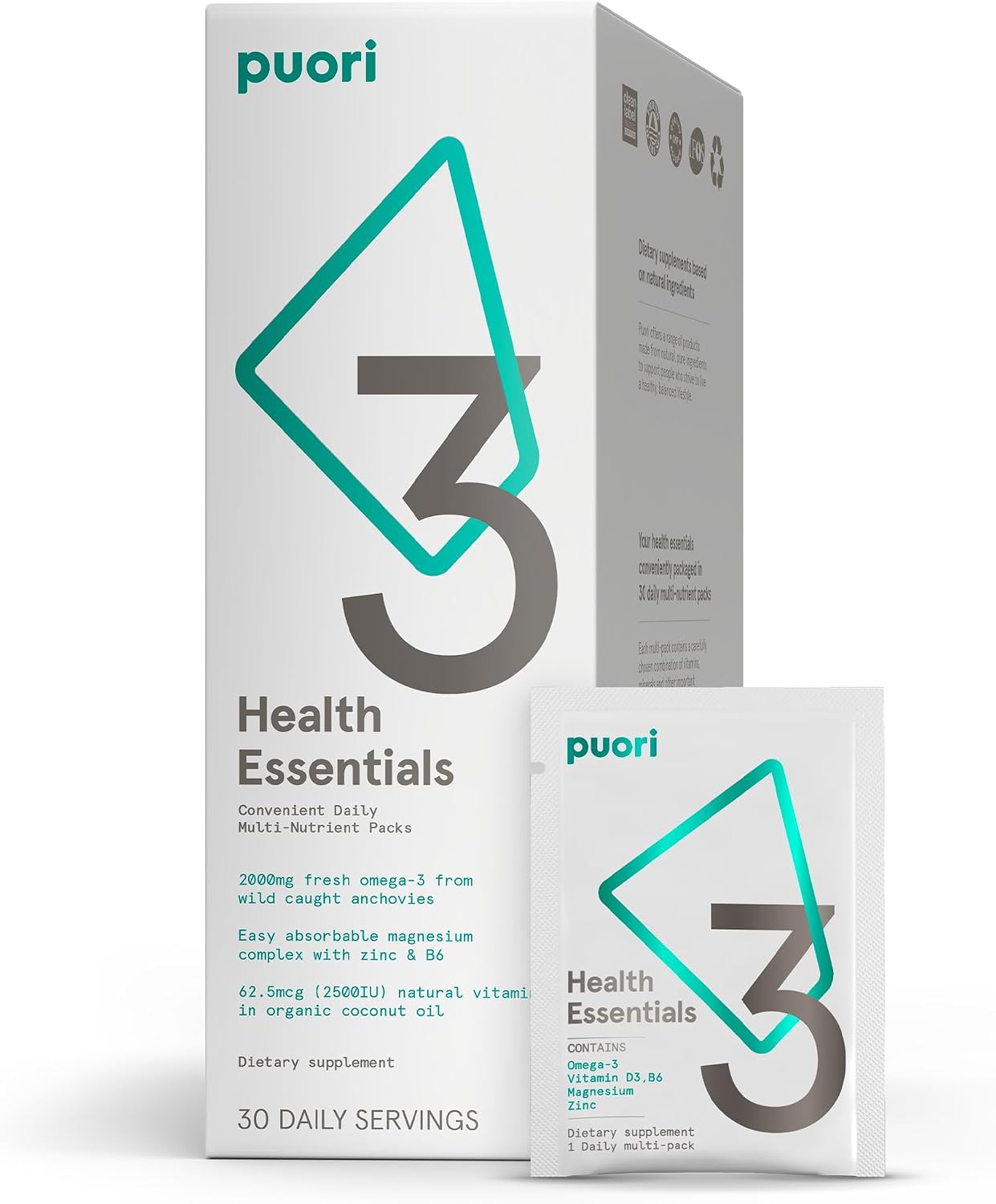 Puori P3 Health Essentials with Magnesium Zinc Complex, Omega 3 Fish Oil & Vitamin D3 Supplements - 30 Sachets - görsel 1