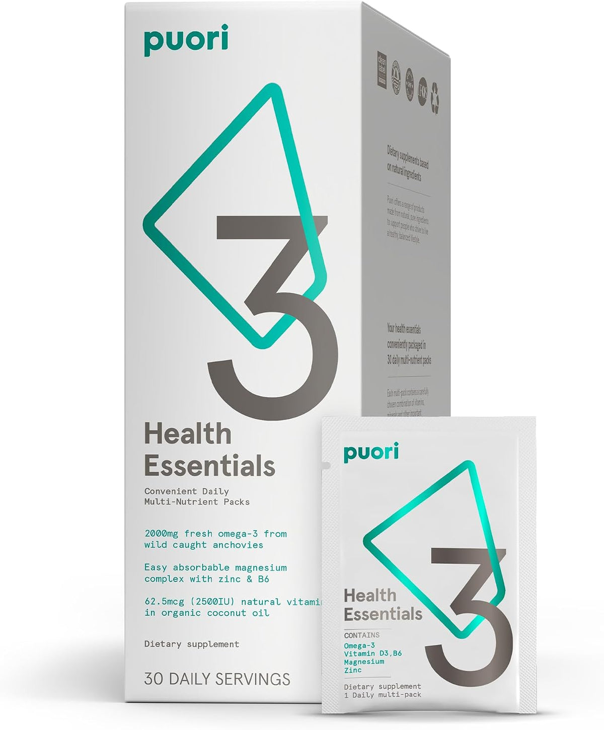 Puori P3 Health Essentials with Magnesium Zinc Complex, Omega 3 Fish Oil & Vitamin D3 Supplements - 30 Sachets - görsel 1