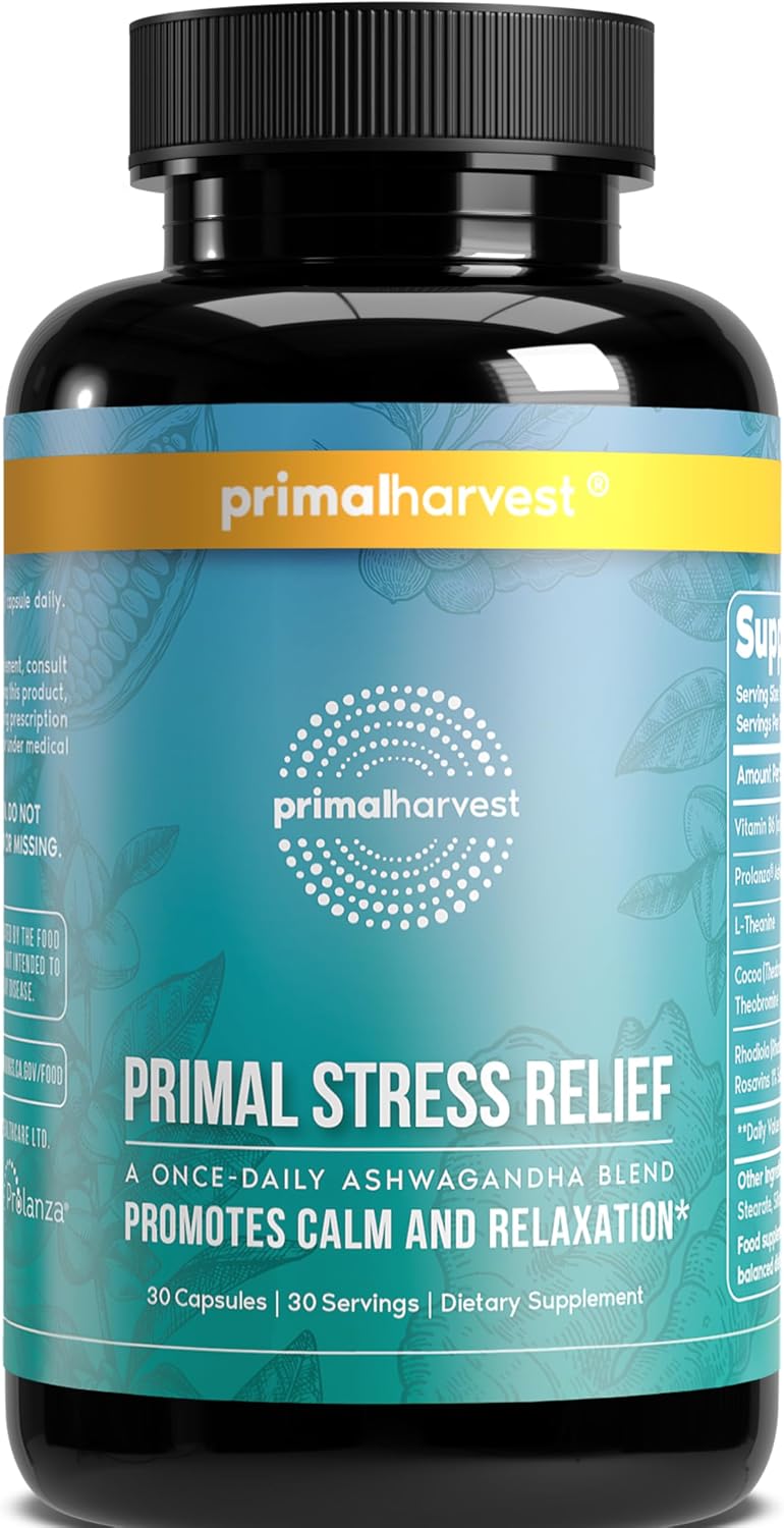 Primal Harvest Stress Relief – Daily Supplement with Ashwagandha, L-Theanine, Vitamin B6 | 60 Capsules - görsel 8