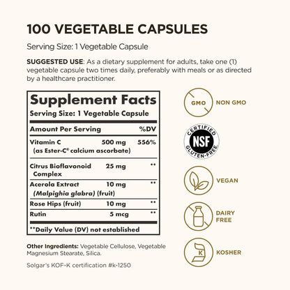 Solgar Ester-C Plus 500 mg Vitamin C (Ascorbate Complex), 100 Vegetable Capsules