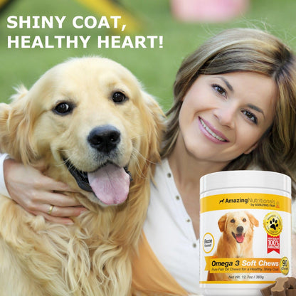 Amazing Omega 3 for Dogs - Fish Oil for Dogs Supplement, 90 Bacon Flavoured Soft Chews, Omega Fatty Acids EPA DHA - Made in USA