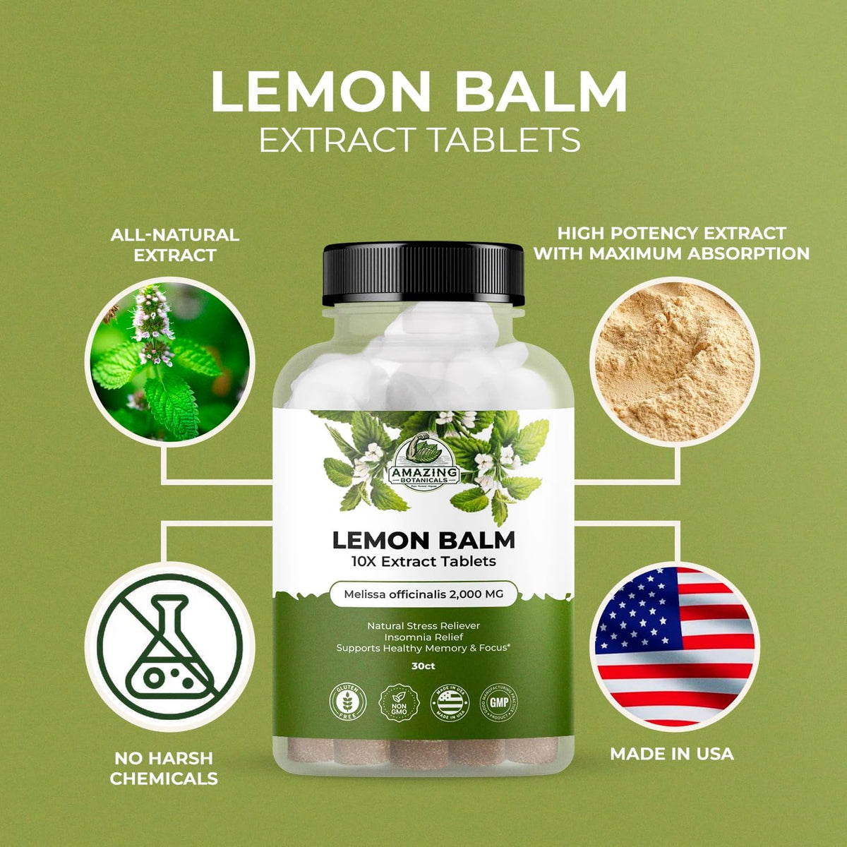 Amazing Botanicals Lemon Balm 10X Extract Tablets – 200 mg per Serving, 30 Tablets - görsel 5