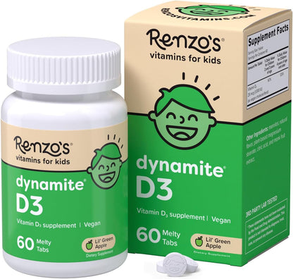 Renzo's Dynamite Vitamin D3, Dissolving Children's Vitamin D3, 60 Sugar-Free Melty Tabs, Little Green Apple Flavour