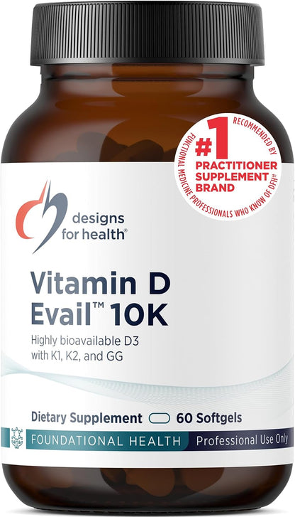 Designs for Health D-Evail 10K - 10,000 IU Vitamin D3 with K1, K2 (MK-4) & GG - 60 Softgels – Image 1