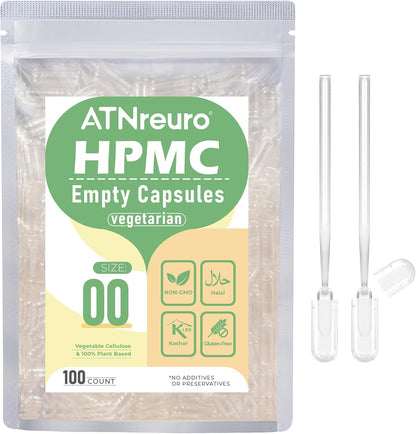 ATNreuro 00 Empty Vegan Capsules with 2 Micro Spoons - 100 Count