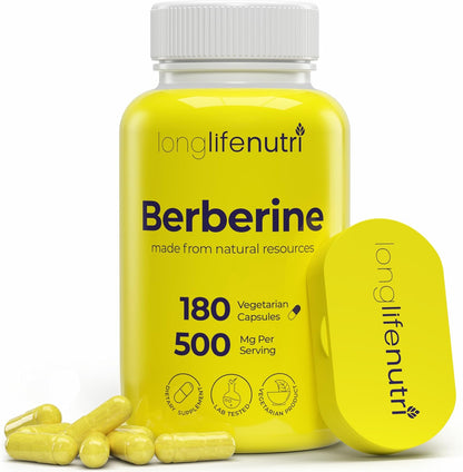 Berberine 500mg HCl Extract – from Berberis Aristata Vulgaris, 180 Vegetarian Capsules, Traditional Digestive Supplement for General Wellness, 6-Month Supply, Non-GMO, 1000mg per Serving, GMP Certified, USA-made