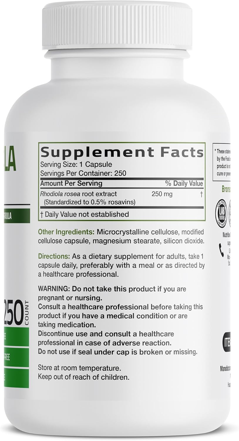 Bronson Rhodiola Rosea Vegetarian Capsules - Adaptogenic Herb for Stress and Mood Support, Non-GMO, 250 Capsules - görsel 2