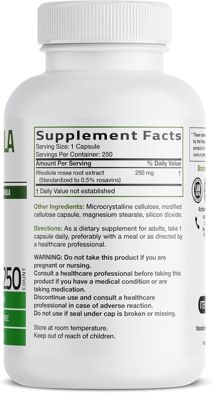 Bronson Rhodiola Rosea Vegetarian Capsules - Adaptogenic Herb for Stress and Mood Support, Non-GMO, 250 Capsules