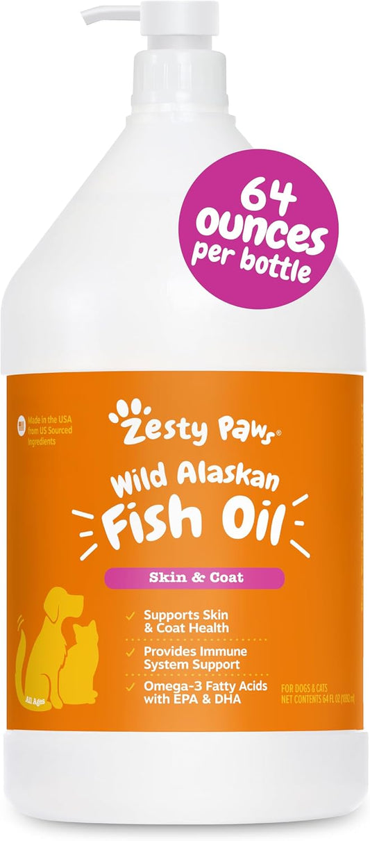 Zesty Paws Wild Alaskan Fish Oil for Dogs & Cats - Pollock & Salmon Oil Blend - Omega 3 Fatty Acids EPA & DHA for Pets - for Sensitive Skin + Coat Health - Immune System Support - 1892 ml