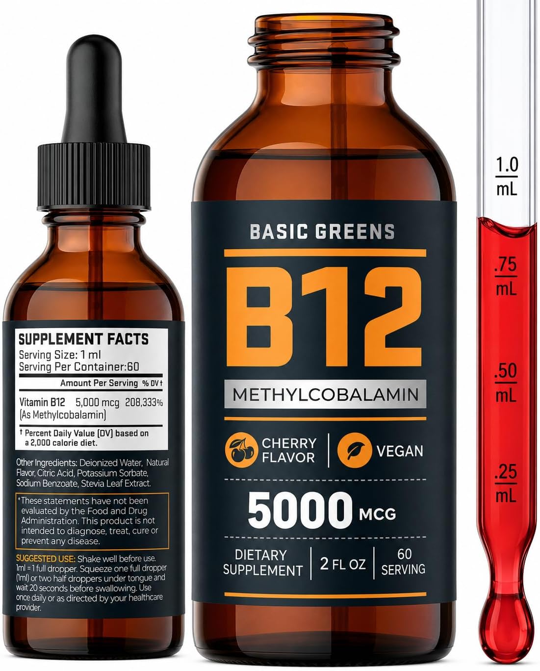 BASIC GREENS Vitamin B12 Liquid Drops 5000 mcg, Sublingual Methylcobalamin, Vegan Cherry Flavour, 59 ml - görsel 1