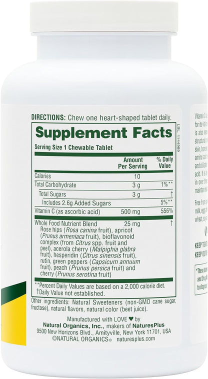NaturesPlus Lovites Chewable Vitamin C - 500mg, Natural Fruit Flavour, 90 Heart-Shaped Tablets