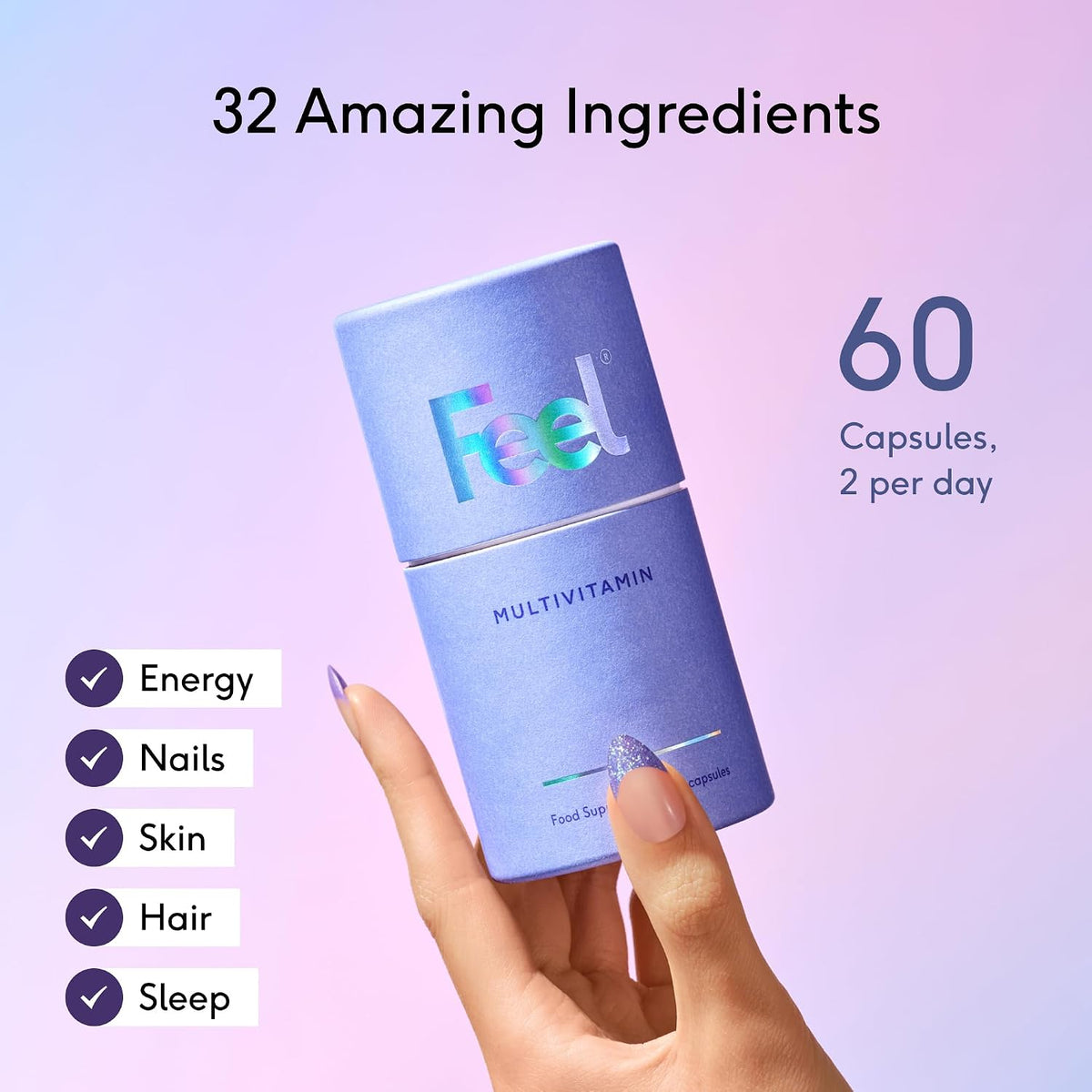 FEEL Daily Multivitamin with 32 Active Ingredients – 60 Capsules | Vegan & Bioavailable - görsel 2