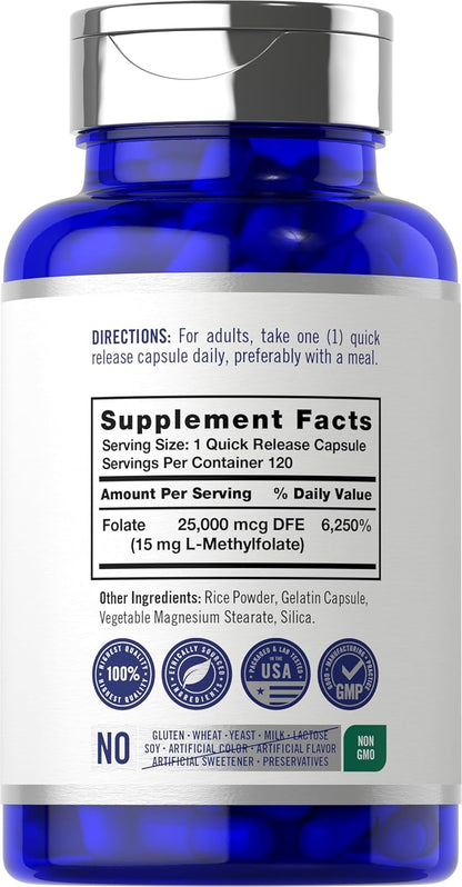 Carlyle L Methylfolate 15mg | 120 Capsules | Value Size | High Strength | Active Folate (5-MTHF) | Non-GMO, Gluten-free Supplement | by Opti-Folate