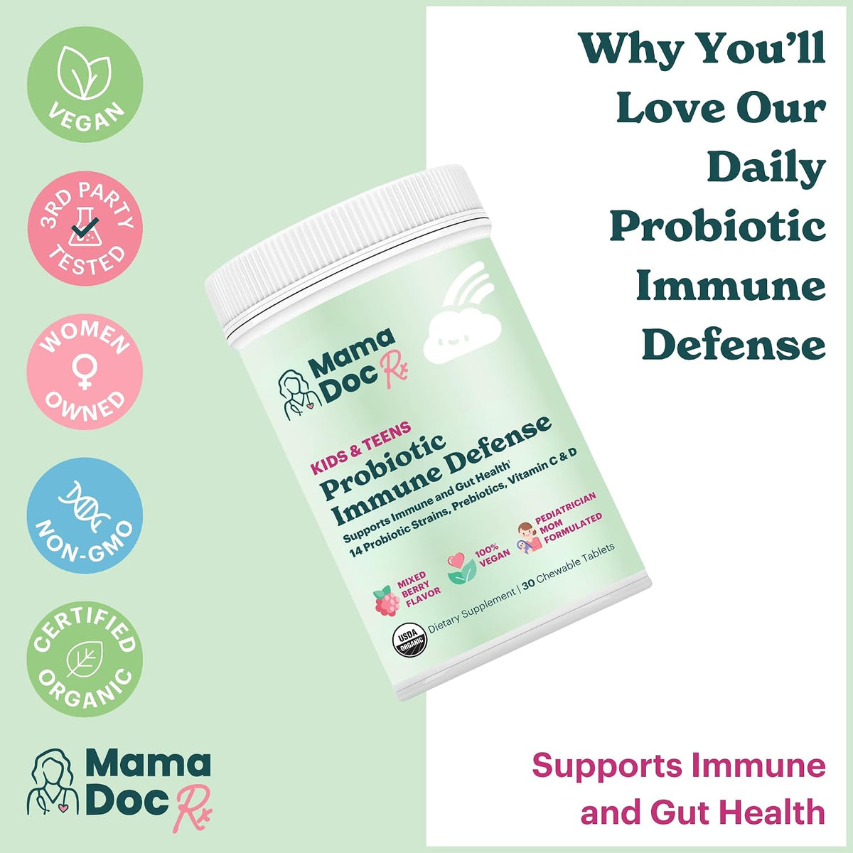 MamaDoc Rx Certified Organic Kids & Teens Probiotic Immune Defence – 5 Billion CFUs, Sugar Free, Vegan, Gluten-free, 14 Probiotic Strains with Prebiotics, Vitamin C & D, 30 Chewable Tablets for Ages 4+ - görsel 2