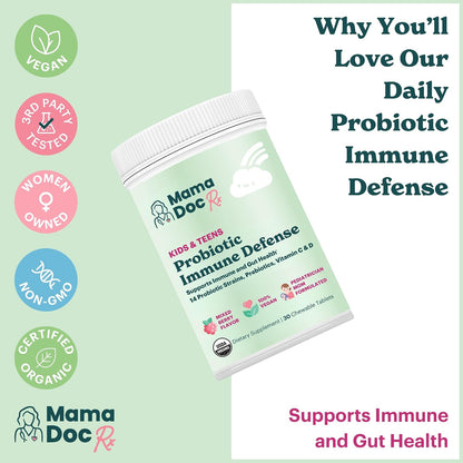 MamaDoc Rx Certified Organic Kids & Teens Probiotic Immune Defence – 5 Billion CFUs, Sugar Free, Vegan, Gluten-free, 14 Probiotic Strains with Prebiotics, Vitamin C & D, 30 Chewable Tablets for Ages 4+