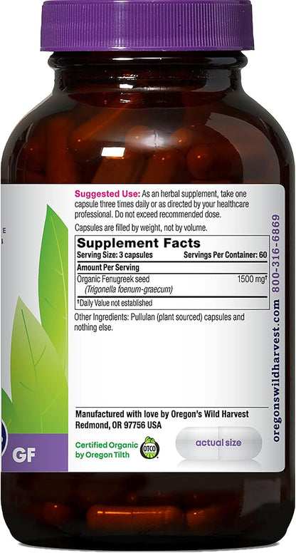 Oregon's Wild Harvest Organic Non-GM Fenugreek Capsules – Lactation Support, 180 Capsules