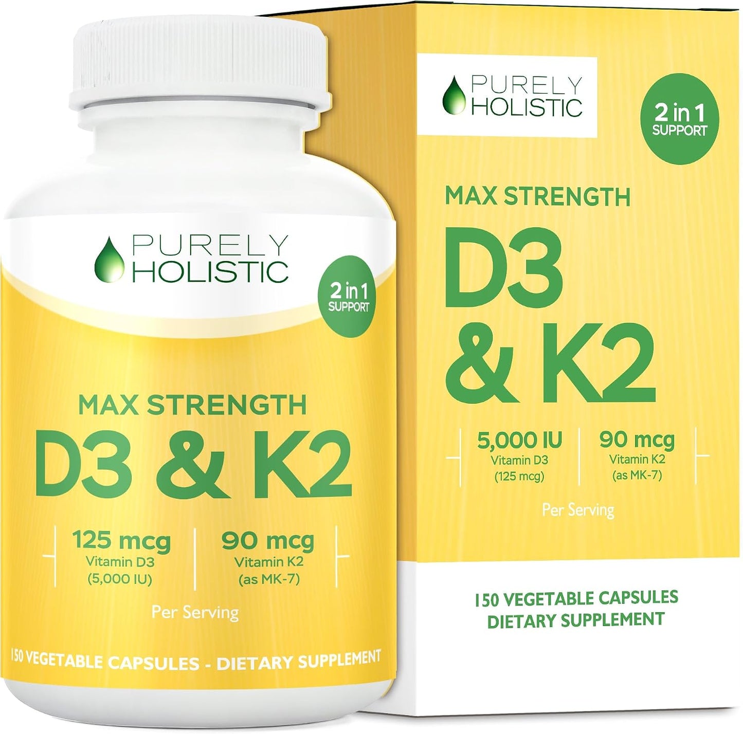 Purely Holistic Vitamin D3 K2 | 5,000 IU D3 + 90 mcg K2 (MK-7) | 150 Capsules (5-Month Supply) - görsel 1