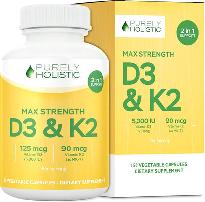 Purely Holistic Vitamin D3 K2 | 5,000 IU D3 + 90 mcg K2 (MK-7) | 150 Capsules (5-Month Supply)