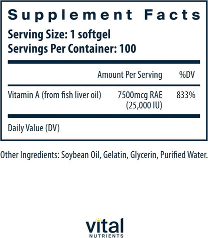 Vital Nutrients Vitamin A 7500mcg RAE – Food Supplement for Normal Vision, Immune Function, Skin Maintenance and Cell Division – 100 Capsules