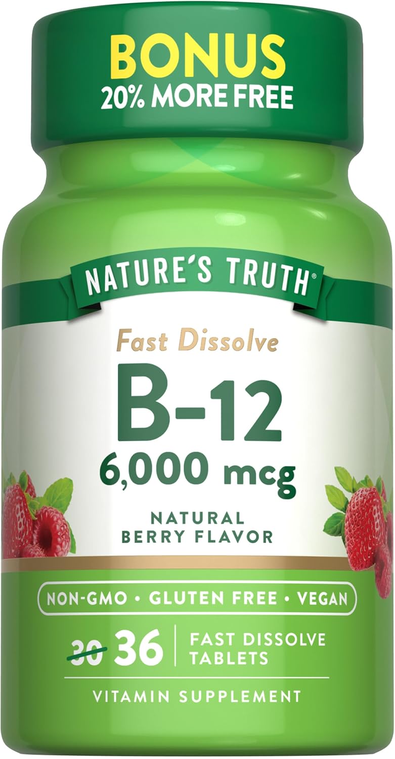 Nature's Truth Vitamin B12 6000 mcg – Methylcobalamin Fast Dissolve Tablets, Natural Berry Flavour (36 Count) - görsel 1