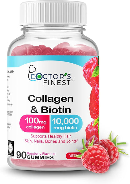 DOCTORS FINEST Collagen and Biotin 10000mcg Gummies - Vegan, Gluten-Free, Natural Raspberry Flavour