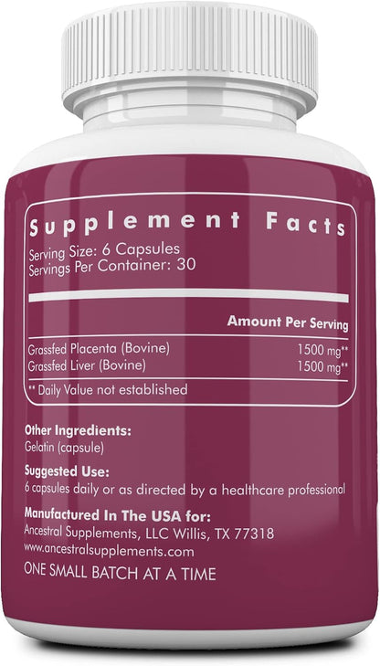 Ancestral Supplements Grass Fed Placenta & Liver, 180 Capsules
