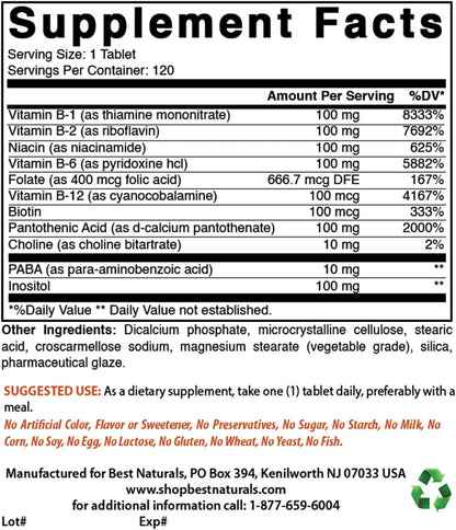 Best Naturals B-100 Complex – High Potency B-Complex Vitamins (120 Tablets, Pack of 3)