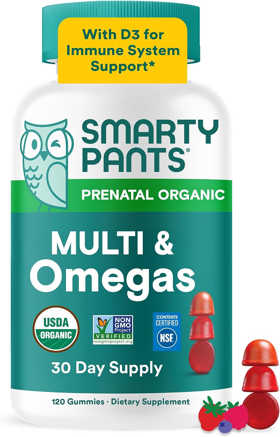 SmartyPants Organic Prenatal Vitamins for Women, Multivitamin Gummies: Biotin, Methylfolate, Omega 3 (ALA), Vitamin D3, C, Vitamin B12, B6, A, K2 & Zinc, Choline, Vegetarian, 120 Count (30 Day Supply) - görsel 1