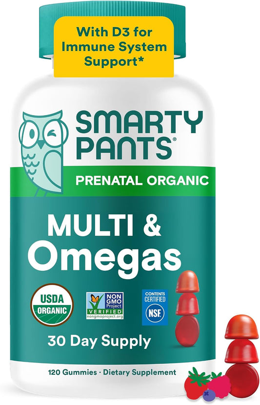 SmartyPants Organic Prenatal Vitamins for Women, Multivitamin Gummies: Biotin, Methylfolate, Omega 3 (ALA), Vitamin D3, C, Vitamin B12, B6, A, K2 & Zinc, Choline, Vegetarian, 120 Count (30 Day Supply)