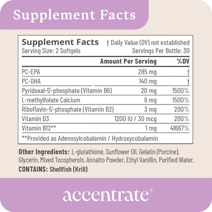 Accentrate110 - Focus Food Supplement - Methylated Vitamin B Complex with Omega-3 Fatty Acid Supplement – 60 Soft gel capsule Capsules