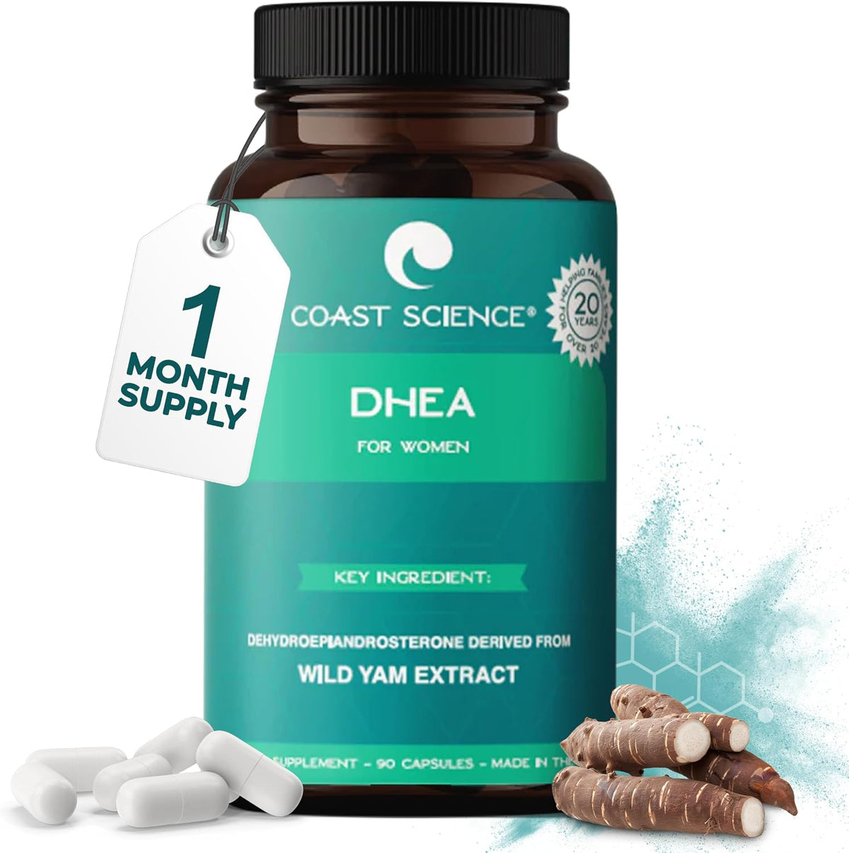 Coast Science DHEA Supplement for Women – 25mg Dehydroepiandrosterone with Wild Yam Extract – for Endocrine Balance, Neural, Skin & Bone Health – 90 Capsules - görsel 1