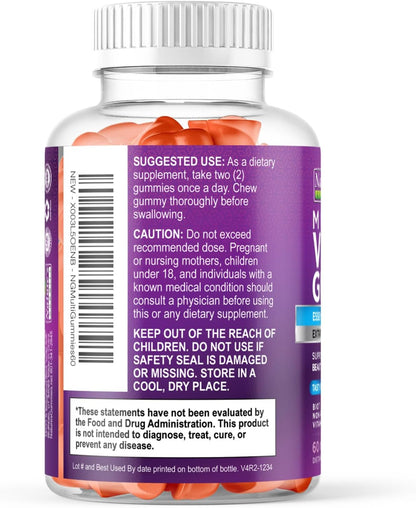 Multivitamin Gummies for Adults – Complete Chewable Multivitamin for Women & Men – Essential Vitamins with A, C, D, E & High-Strength B12 – Vegetarian Gummy Vitamins – 60 Gummies