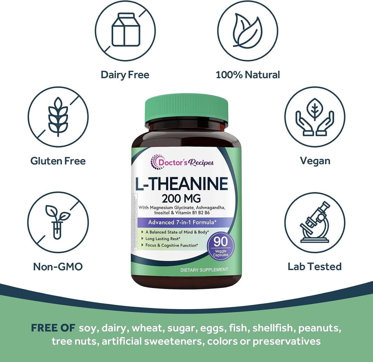 Doctor's Recipes L-Theanine 200mg with Magnesium Glycinate, Ashwagandha, Inositol, B6, B1, B2 - Calm and Focus Support, Vegan, 90 Capsules - görsel 5