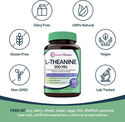 Doctor's Recipes L-Theanine 200mg with Magnesium Glycinate, Ashwagandha, Inositol, B6, B1, B2 - Calm and Focus Support, Vegan, 90 Capsules