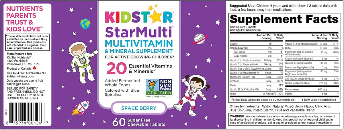 KidStar Nutrients StarMulti, Chewable Multivitamin and Multimineral Tablets for Kids, Plus Organic Fermented Whole Foods, Vegan, Sugar-Free, Space Berry, 60 Chewable Tablets - görsel 3