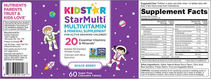 KidStar Nutrients StarMulti, Chewable Multivitamin and Multimineral Tablets for Kids, Plus Organic Fermented Whole Foods, Vegan, Sugar-Free, Space Berry, 60 Chewable Tablets