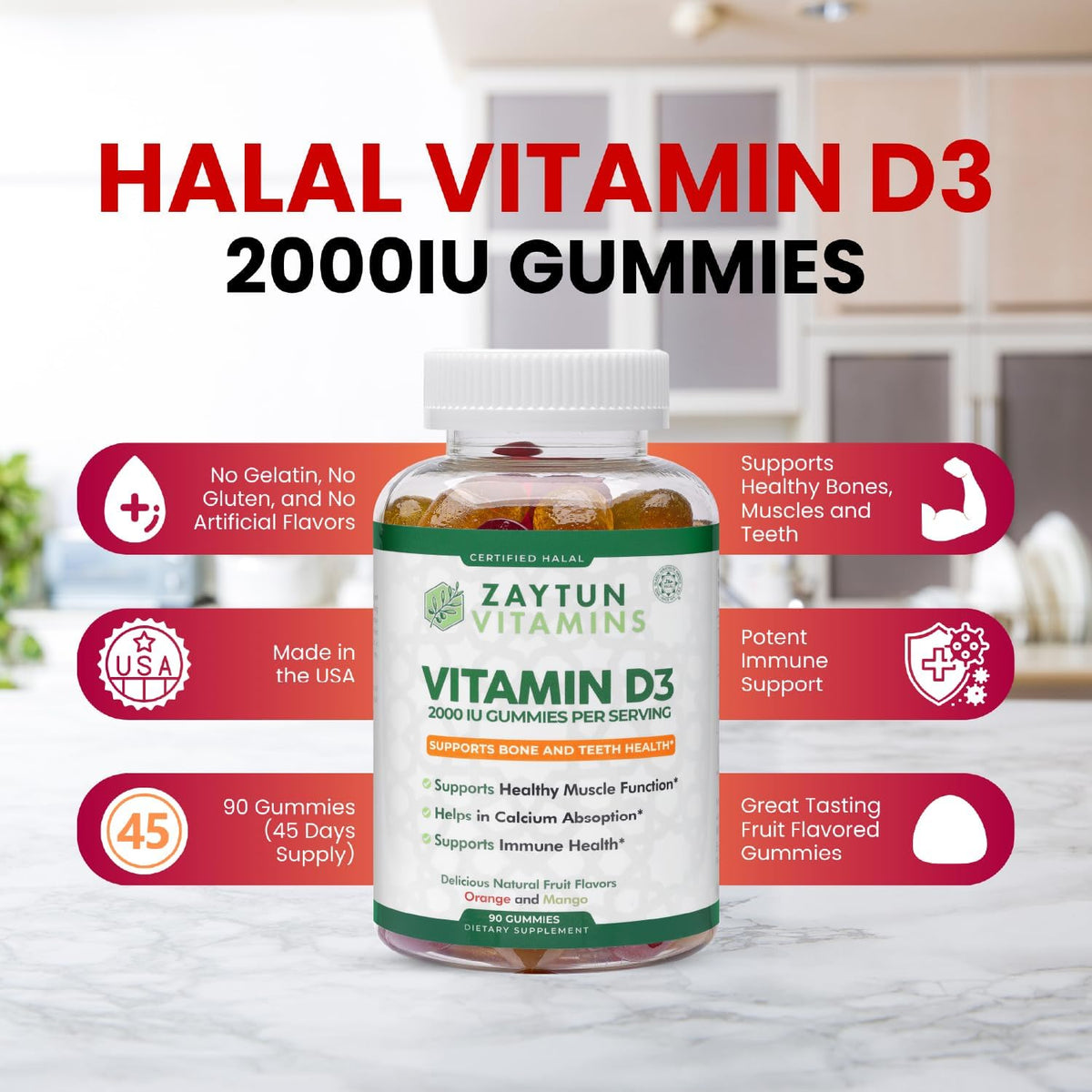 Zaytun Halal Vitamin D3 2000 IU Gummies – Contributes to Normal Bone, Immune and Muscle Function, Gluten & Gelatine Free (3-Pack) – Made in USA - görsel 4