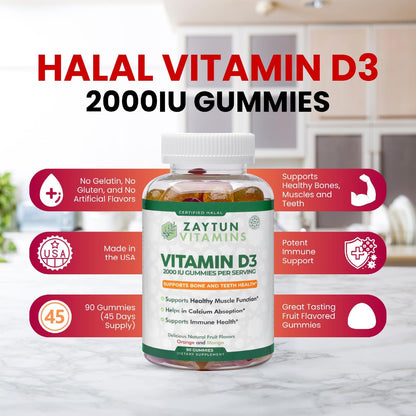 Zaytun Halal Vitamin D3 2000 IU Gummies – Contributes to Normal Bone, Immune and Muscle Function, Gluten & Gelatine Free (3-Pack) – Made in USA