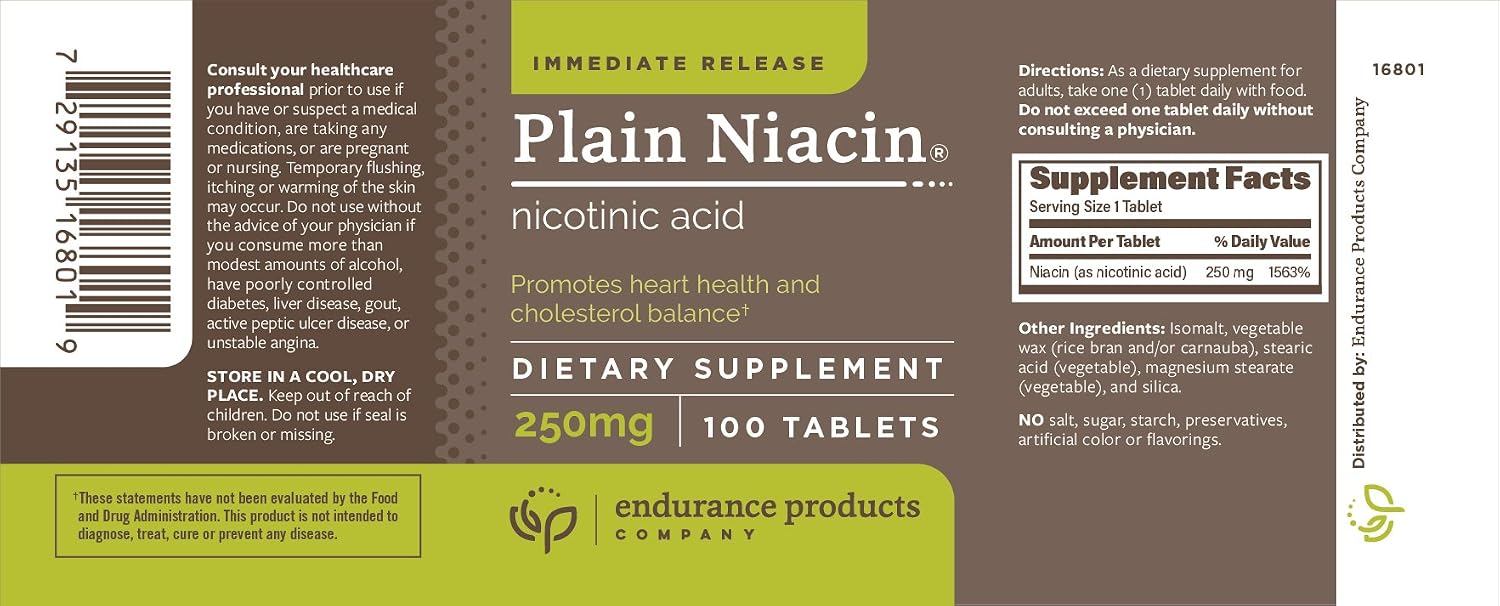 ENDUR Niacin IR (Immediate Release) Nicotinic Acid 250 mg – 100 Tablets - görsel 2