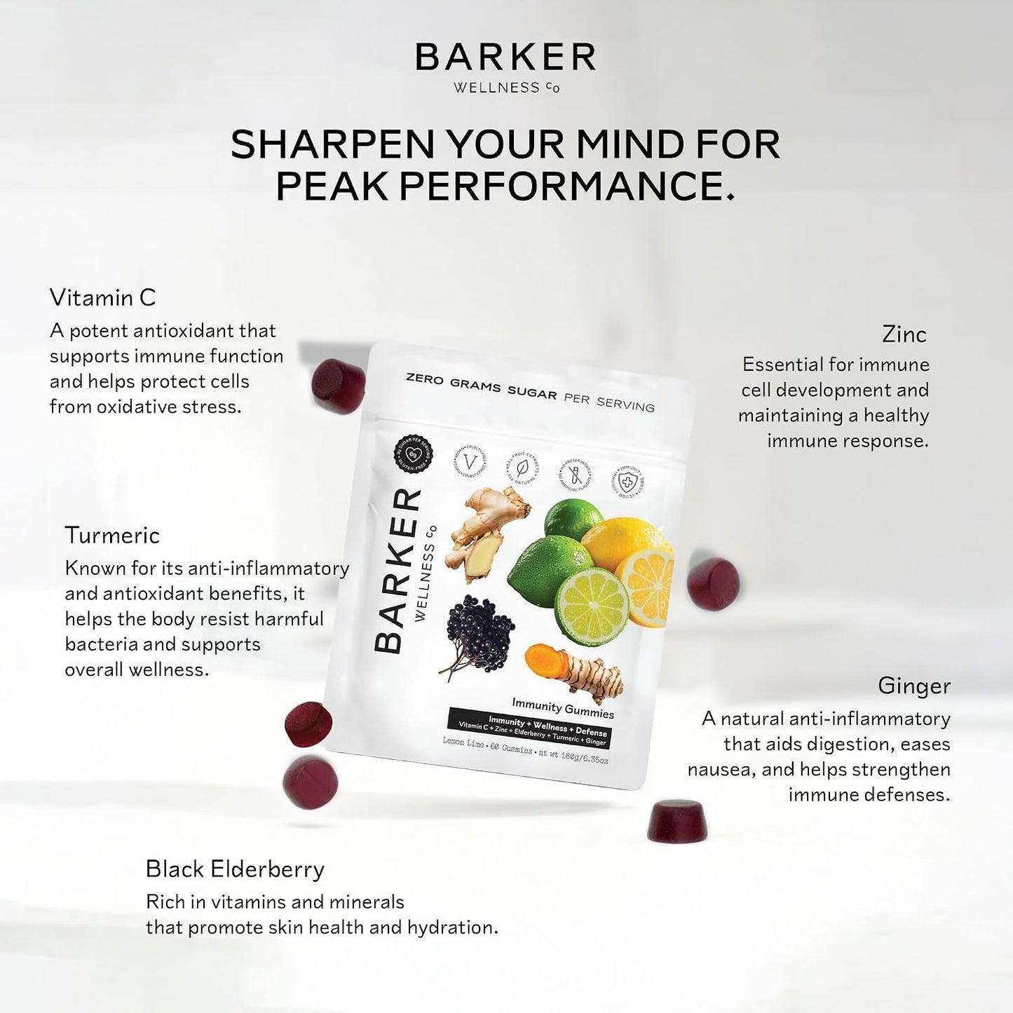 Barker Wellness Immunity Gummies with Vitamin C, Zinc, Elderberry, Turmeric & Ginger – Vegan, Sugar-Free, Lemon-Lime – 60 Gummies - görsel 6