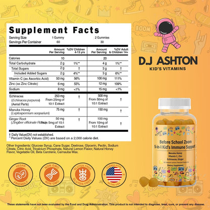5-in-1 Kid's Immune Support Gummy - Manuka Honey, Vitamin C, Zinc, Echinacea, Ginger - Natural Citrus Flavoured - 60 Gummies