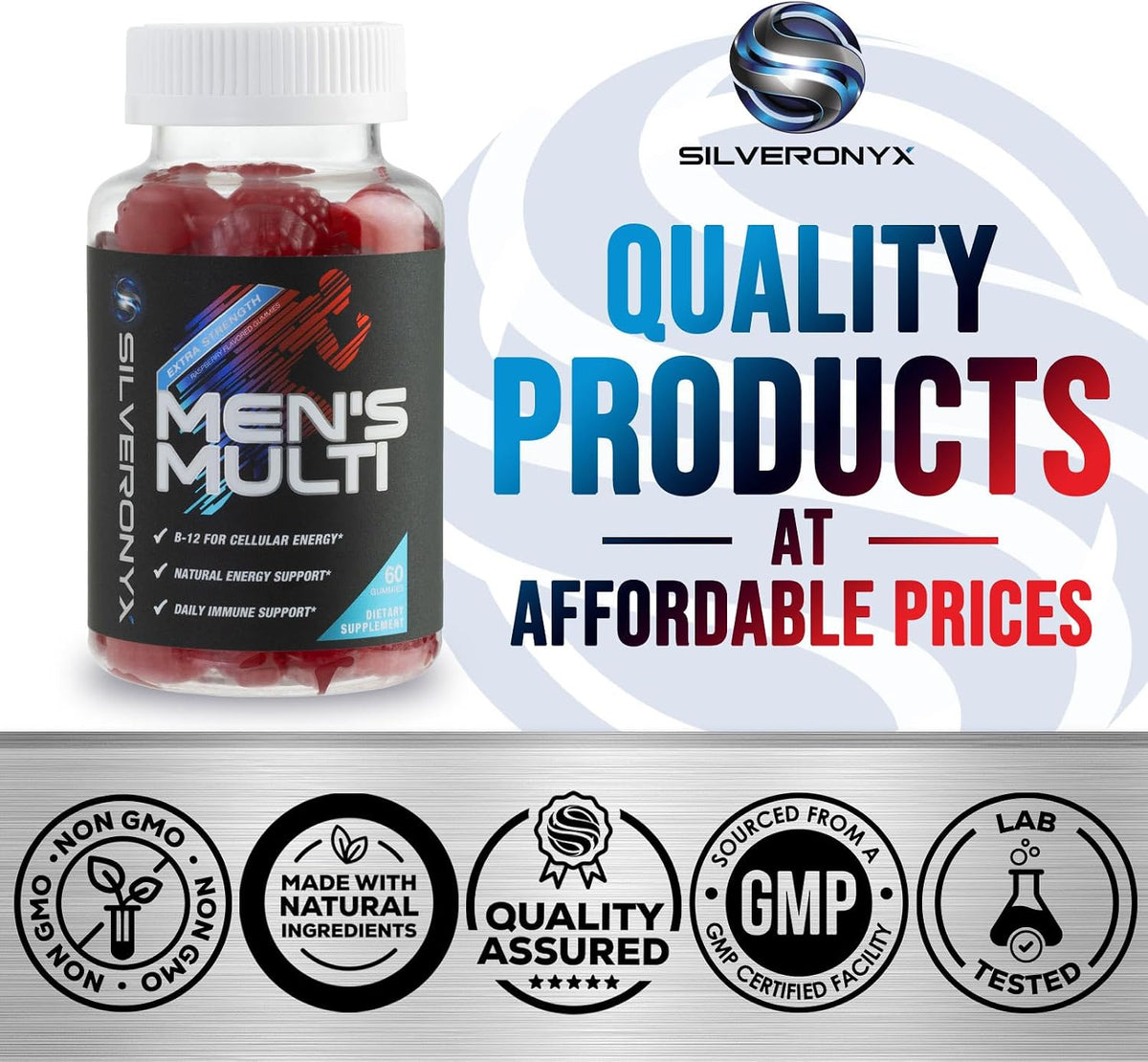 SILVERONYX Multivitamin for Men - Daily Men's Multivitamin Gummies with Vitamin D, B Vitamins, Zinc & More - Supports Energy and Immune Health - 60 Gummies - görsel 4